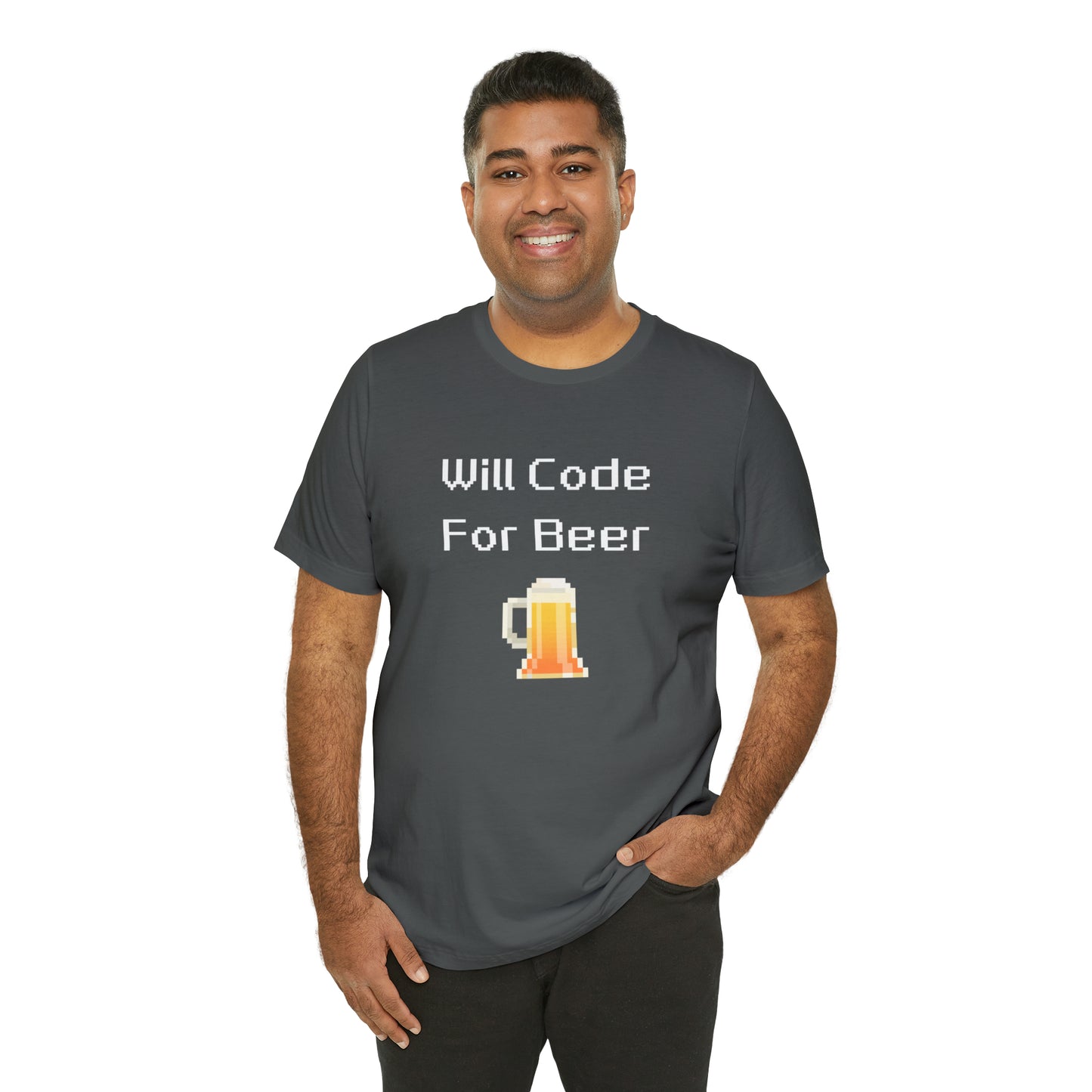 Will Code For Beer - 8-Bit Font With Beer Icon | T-Shirt