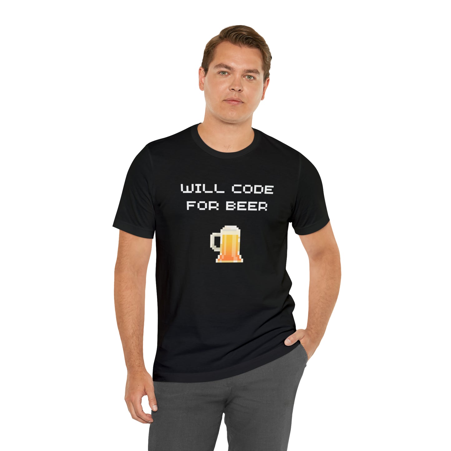 Will Code For Beer T-shirt With 8-bit Beer Graphic - variation 2